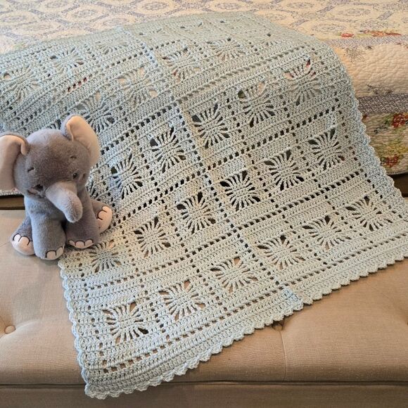 NEW ICE BLUE BABY BLANKET HAND-CROCHETED BY SELLER 37 X 35 INCHES - Picture 5 of 5